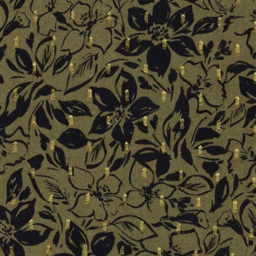 Tissu viscose fleurs hibiscus noires épis glitter doré fond kaki