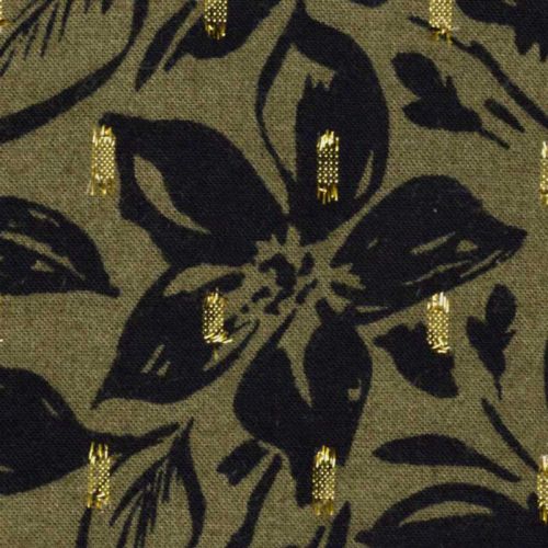 Tissu viscose fleurs hibiscus noires épis glitter doré fond kaki