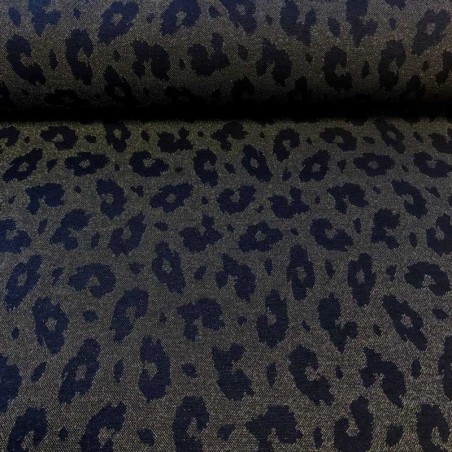 Tissu maille jacquard Léo glitter doré fond bleu marine
