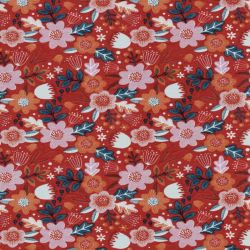 Tissu jersey fleurs rétro fond terracotta Poppy