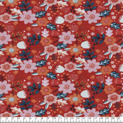 Tissu jersey fleurs rétro fond terracotta Poppy