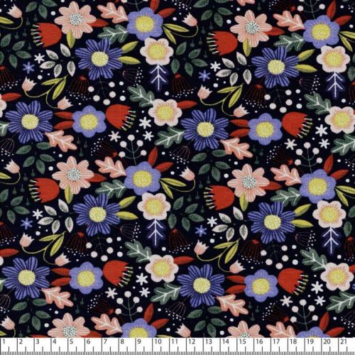 Tissu jersey fleurs rétro fond bleu marine Poppy 