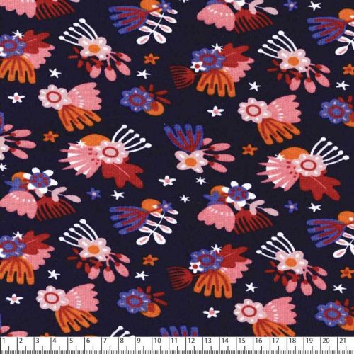 Tissu sweat Flowers pistils fond marine Poppy