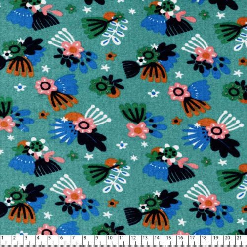 Tissu sweat Flowers pistils fond turquoise Poppy