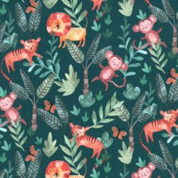 Tissu jersey jungle fond bleu carnard