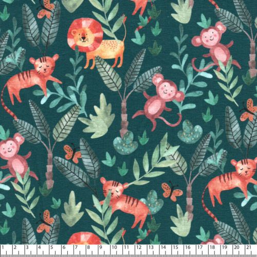 Tissu jersey jungle fond bleu carnard