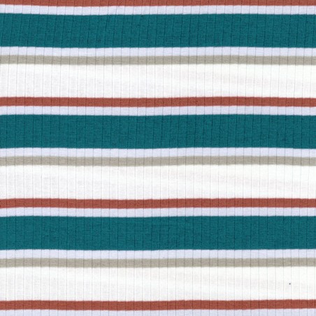 Tissu jersey côtelé rayures bleu et beige