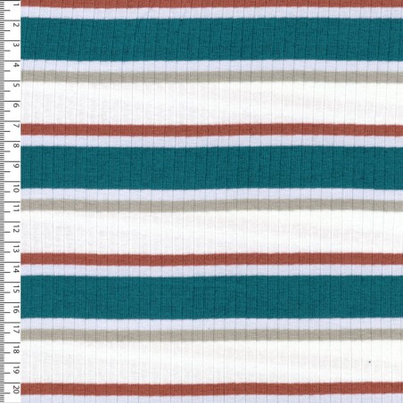 Tissu jersey côtelé rayures bleu et beige