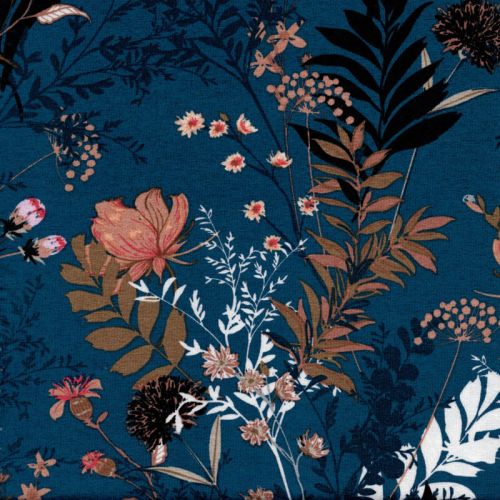 Tissu jersey jardin romantique fond bleu