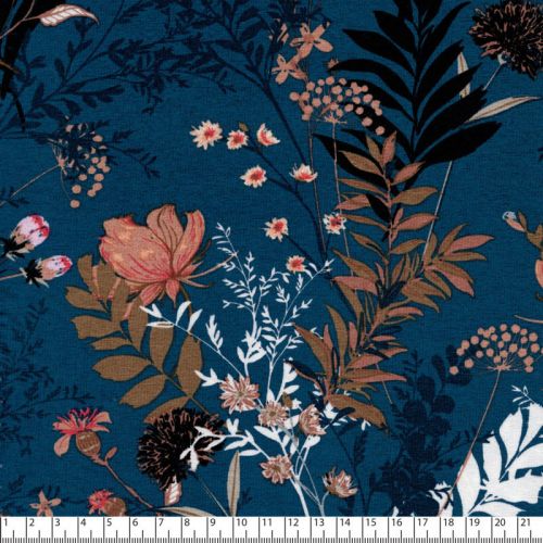 Tissu jersey jardin romantique fond bleu