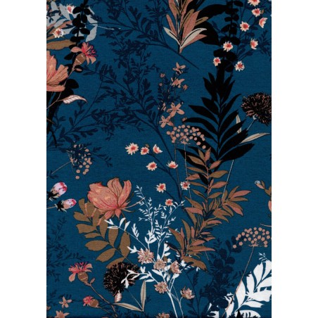 Tissu jersey jardin romantique fond bleu