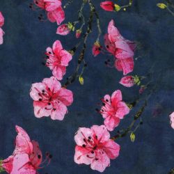 Tissu viscose fleurs de cerisier fond bleu orage