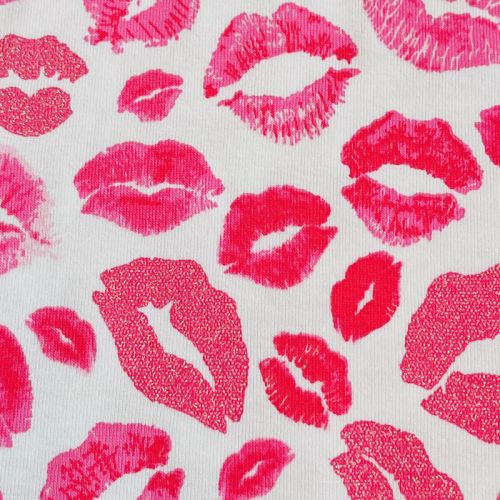 Tissu jersey bisous rose glitter fond blanc