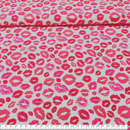 Tissu jersey bisous rose glitter fond blanc