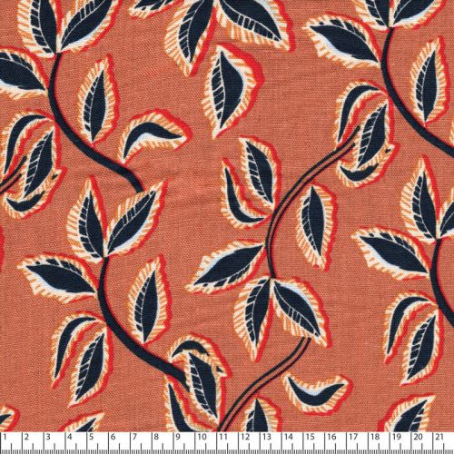 Tissu lin viscose feuillage fond ocre