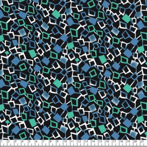 Tissu twill viscose Dancing Cubes pétrole fond noir