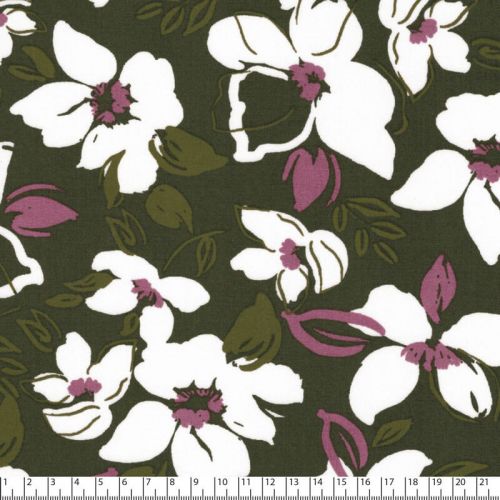 Tissu viscose grosses fleurs kaki 