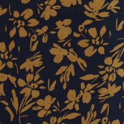 Tissu viscose stretch fleurs moutarde fond bleu