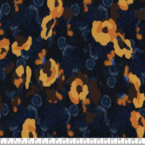 Tissu viscose fleurs moutarde fond marine 