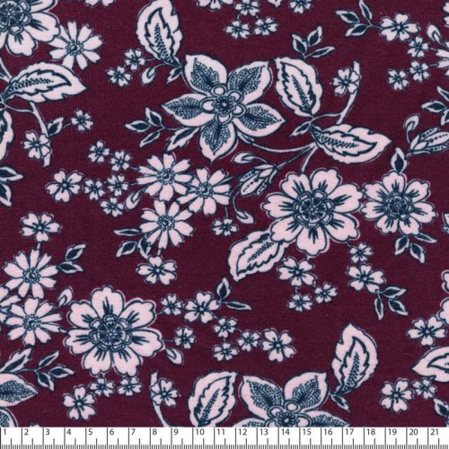 Tissu sweat fleurs rétro fond aubergine Poppy