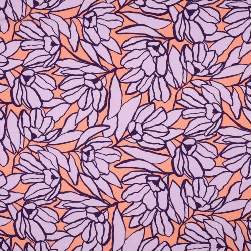 Tissu viscose Eco Vero Inked bouquet Nerida Hansen lilas/corail