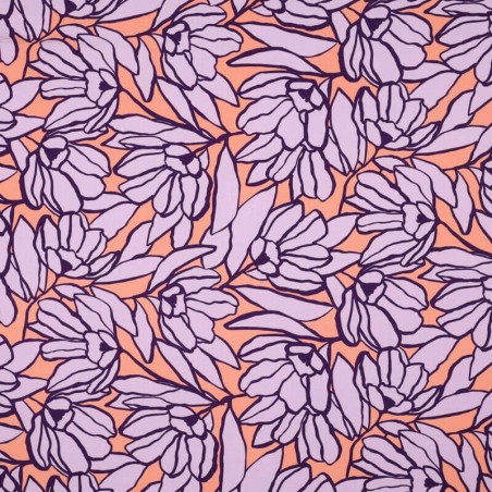 Tissu viscose Eco Vero Inked bouquet Nerida Hansen lilas/corail