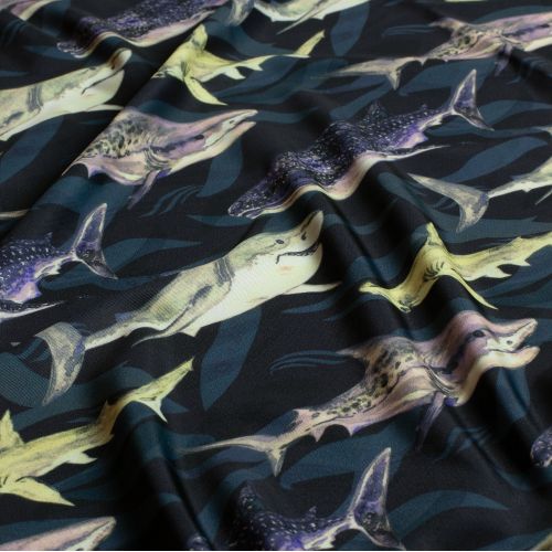 Tissu maillot de bain requins fond noir UPF50