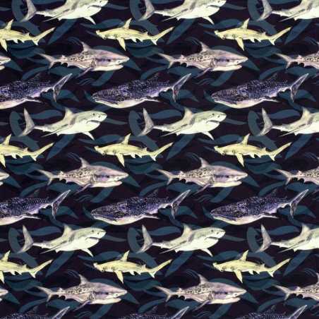 Tissu maillot de bain requins fond noir UPF50