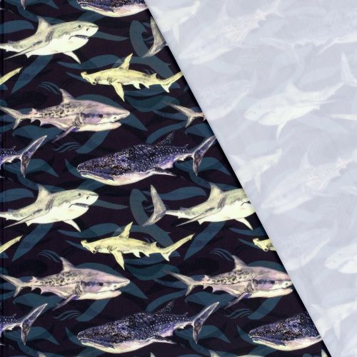 Tissu maillot de bain requins fond noir UPF50