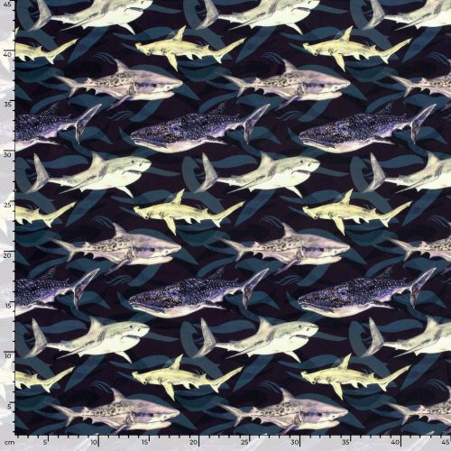 Tissu maillot de bain requins fond noir UPF50