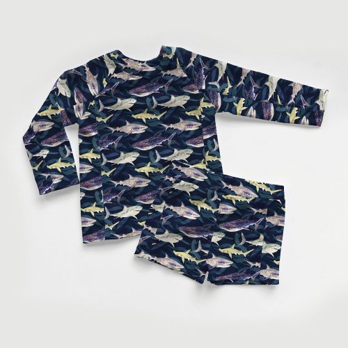 Tissu maillot de bain requins fond noir UPF50