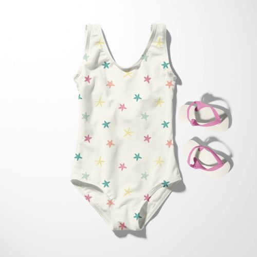 Tissu maillot de bain étoiles fond écru UPF50