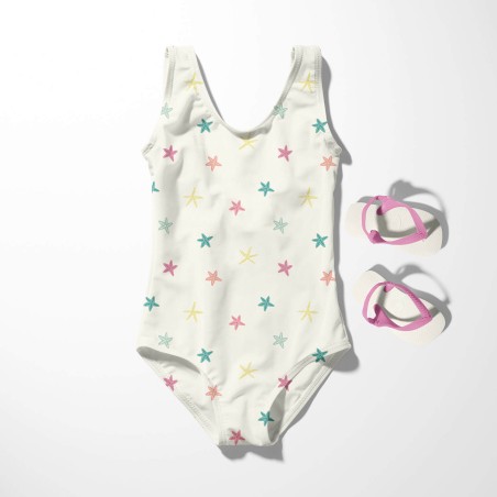 Tissu maillot de bain étoiles fond écru UPF50