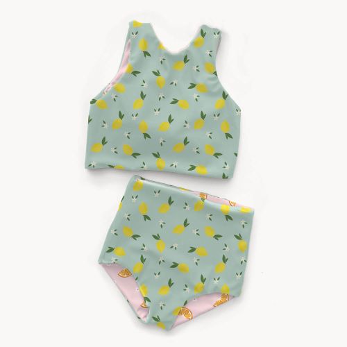 Tissu maillot de bain citrons fond vert UPF50