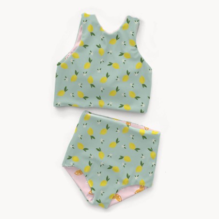 Tissu maillot de bain citrons fond vert UPF50