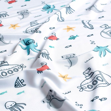 Tissu maillot de bain sous marins fond blanc UPF50