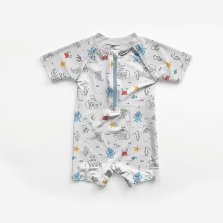 Tissu maillot de bain sous marins fond blanc UPF50