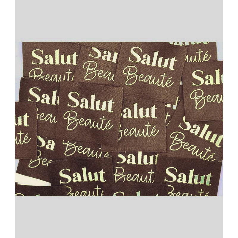 Étiquette tissée à coudre "SALUT BEAUTÉ" Camel