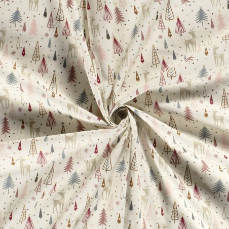 Tissu coton forêt glitter fond blanc cassé 