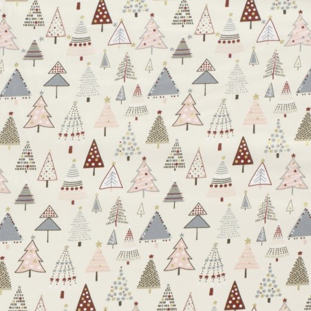 Tissu coton sapins décorés glitter fond blanc cassé