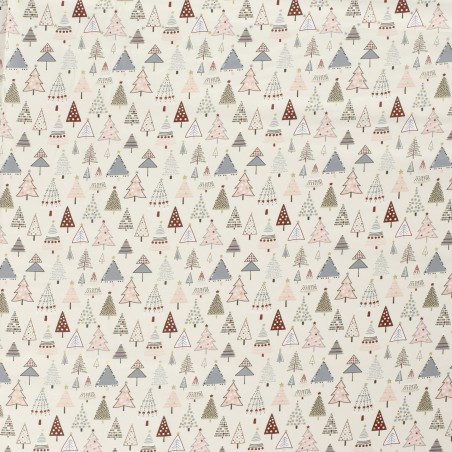 Tissu coton sapins décorés glitter fond blanc cassé