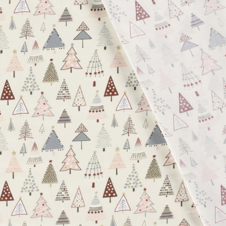 Tissu coton sapins décorés glitter fond blanc cassé