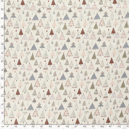 Tissu coton sapins décorés glitter fond blanc cassé