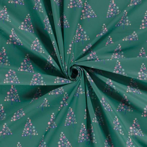 Tissu coton sapins fond menthe foncée