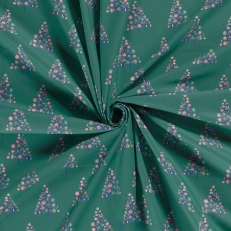 Tissu coton sapins fond menthe foncée