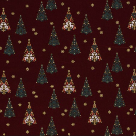 Tissu coton sapin glitter fond bordeaux 
