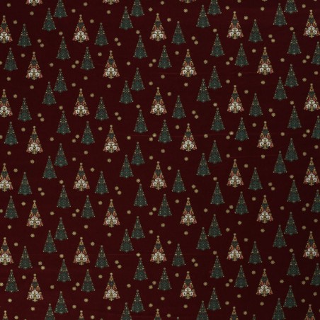 Tissu coton sapin glitter fond bordeaux 