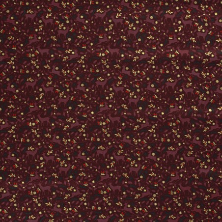 Tissu coton rennes glitter fond bordeaux
