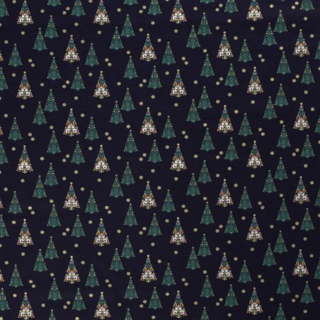 Tissu coton sapin glitter fond bleu marine 