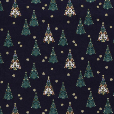 Tissu coton sapin glitter fond bleu marine 